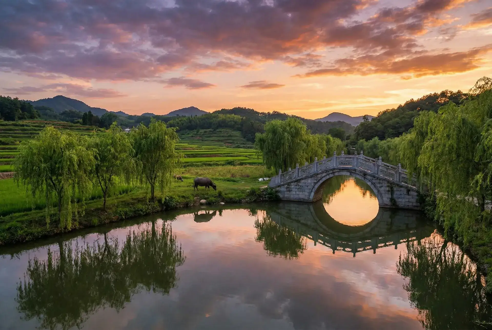 夕阳下的石拱桥与垂柳，水牛在河边吃草 - 免费SM羞辱调教视频网站 乡村美景